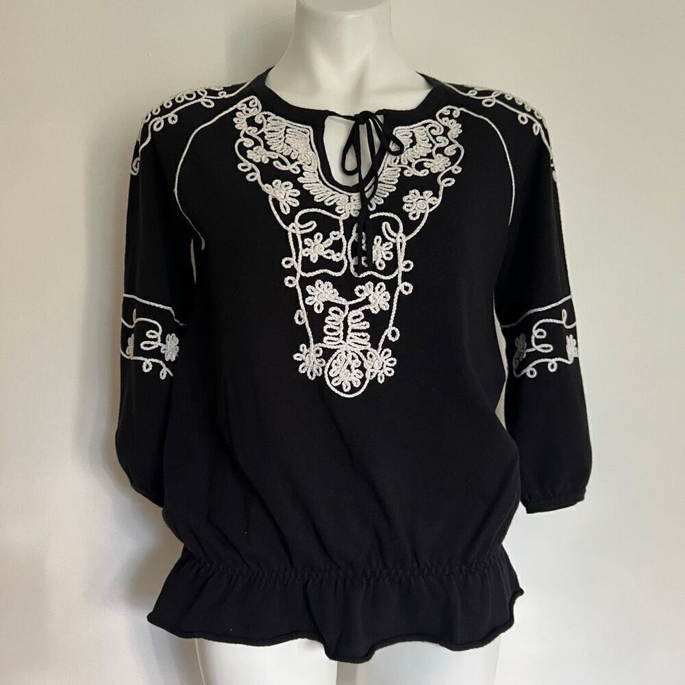 Cyrus Black white floral embroidered boho top